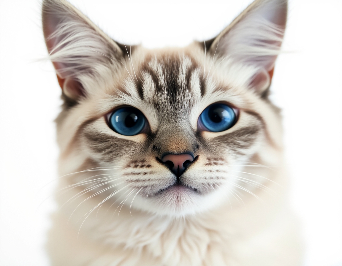 Close-up portrait of cat on a white background, with its alert expression and intricate details of its fur and whiskers in sharp focus.